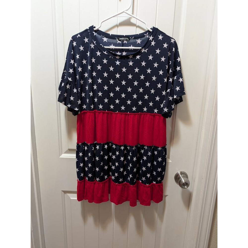 Heimish USA Flag Patriotic Short Sleeve Top Size M July 4th Red White & Blue